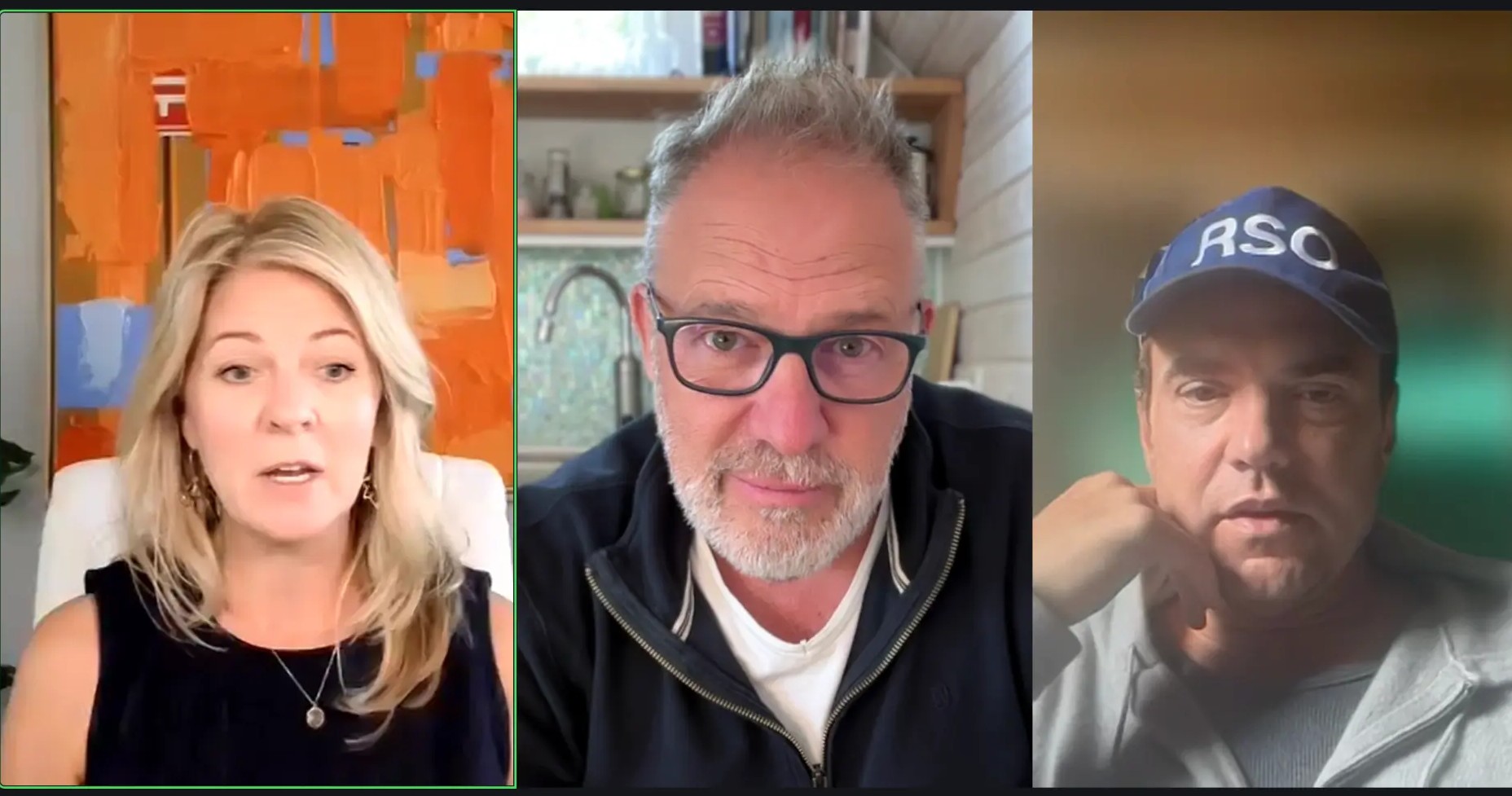 Three participants in conversation during a recorded episode of The Quest